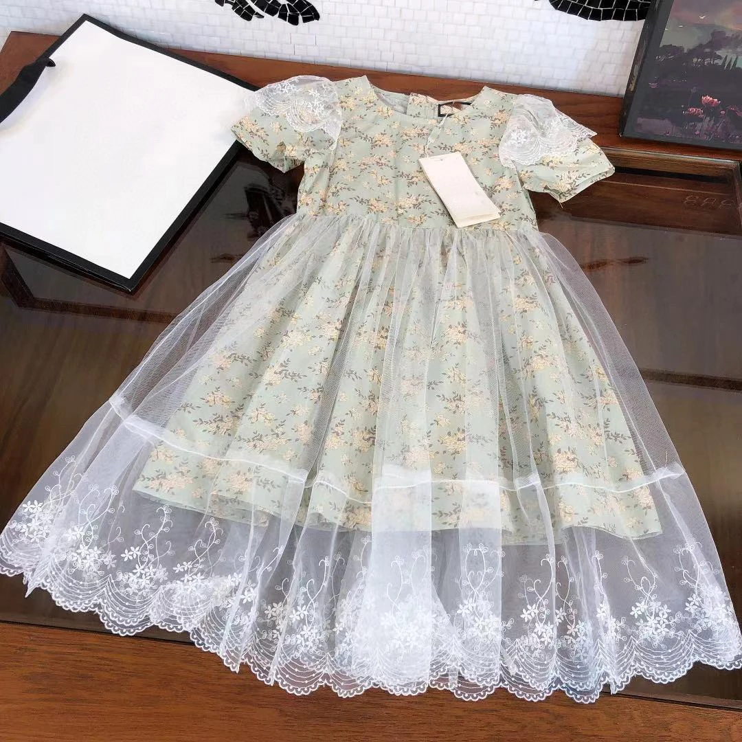 

2021 summer kids girls print floral dresses children's lace rosette flower outfits