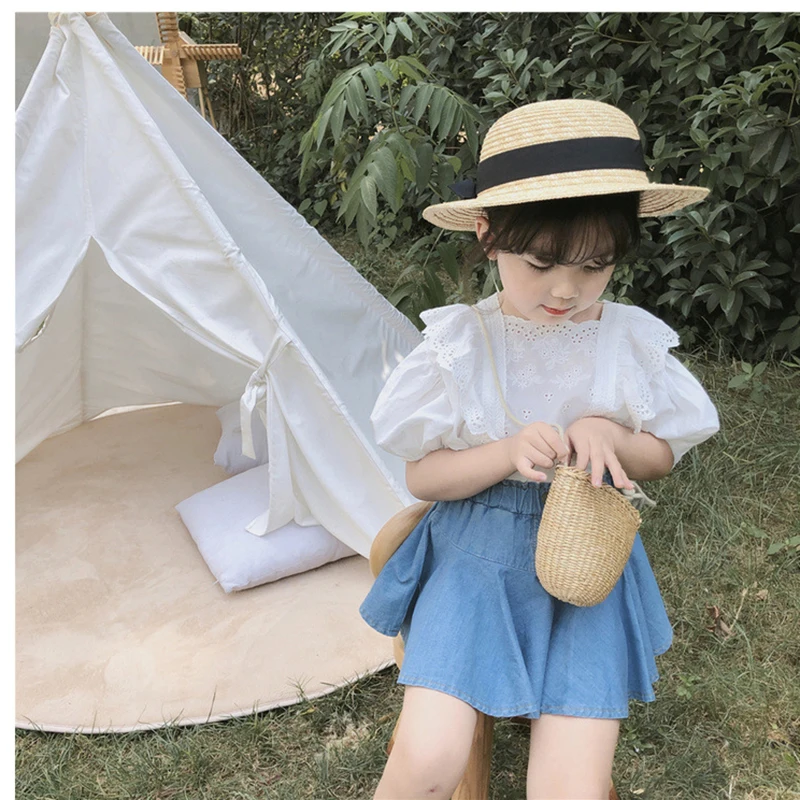 Летняя блузка для девочек Дети рубашка малышей кружевной топ модный белый