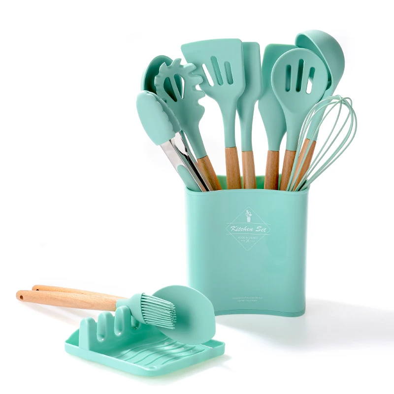 

Silicone Cooking Utensils Set Non-Stick Spatula Shovel Wooden Handle Cooking Tools Set With Storage Box Kitchen Tool Accessories