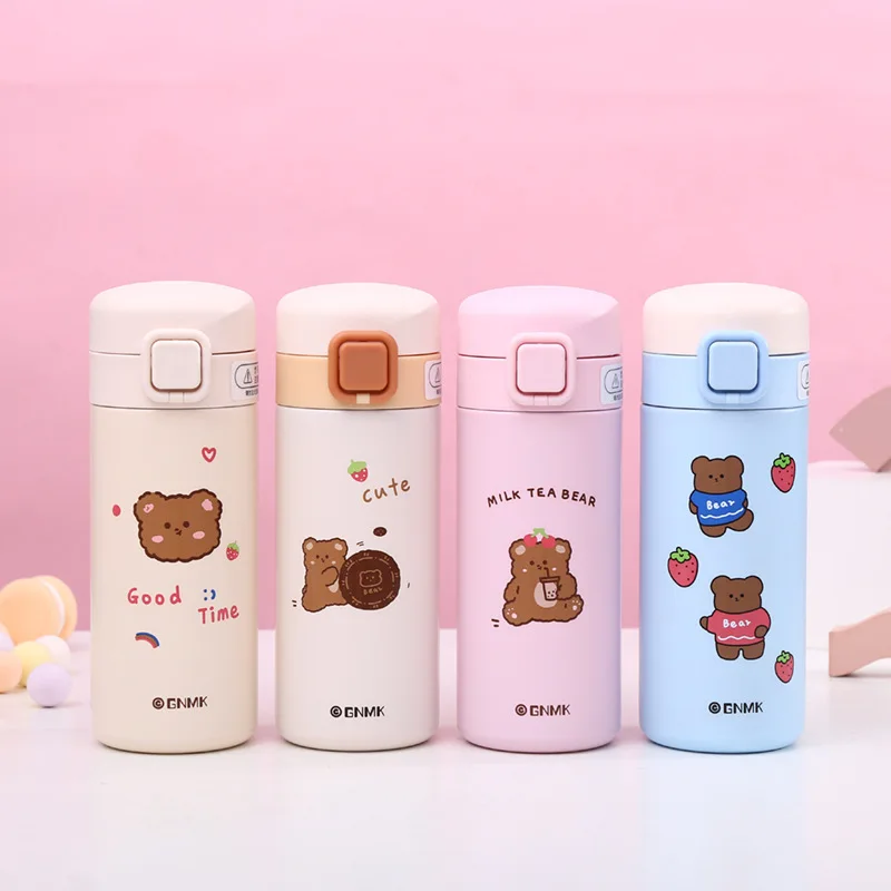 450ml Bear Thermos Bottle Mug Cartoon Cute Children Girls Boy Bouncing Water Bottle 304 Stainless Steel Vacuum Flask Cup