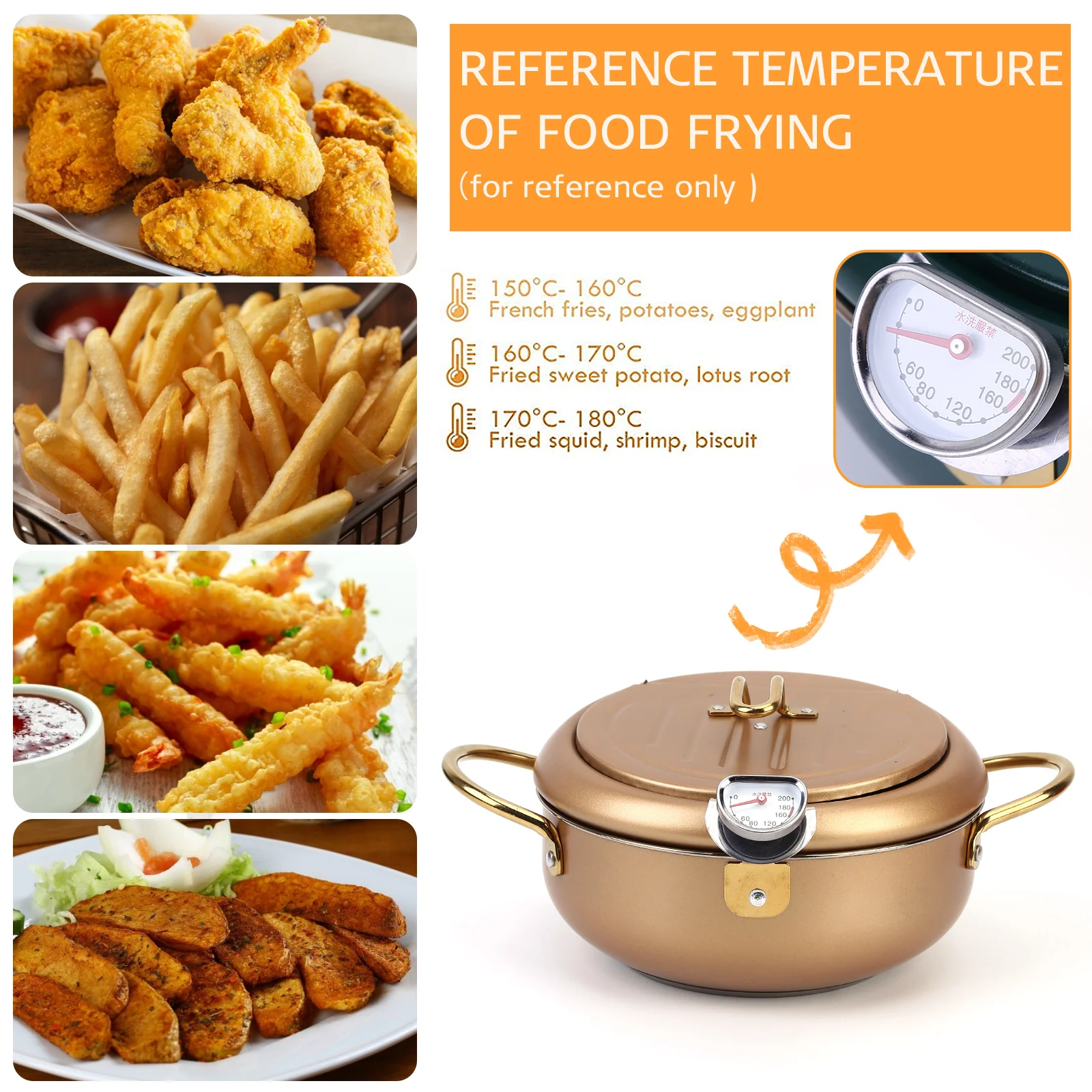 Japanese Deep Frying Pot with a Thermometer and Lid 304 Stainless Steel Pan 20/24cm Kitchen Tempura Fryer | Дом и сад