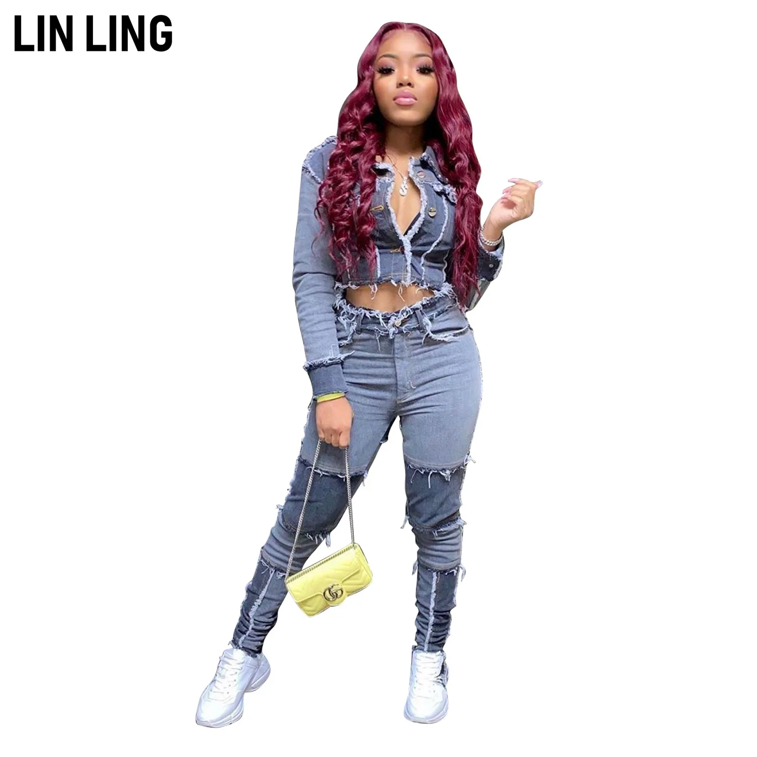 

LINLING Stitched Button High Waist Suede Denim Hot Pants Fashion Street Style Casual Pants for Women