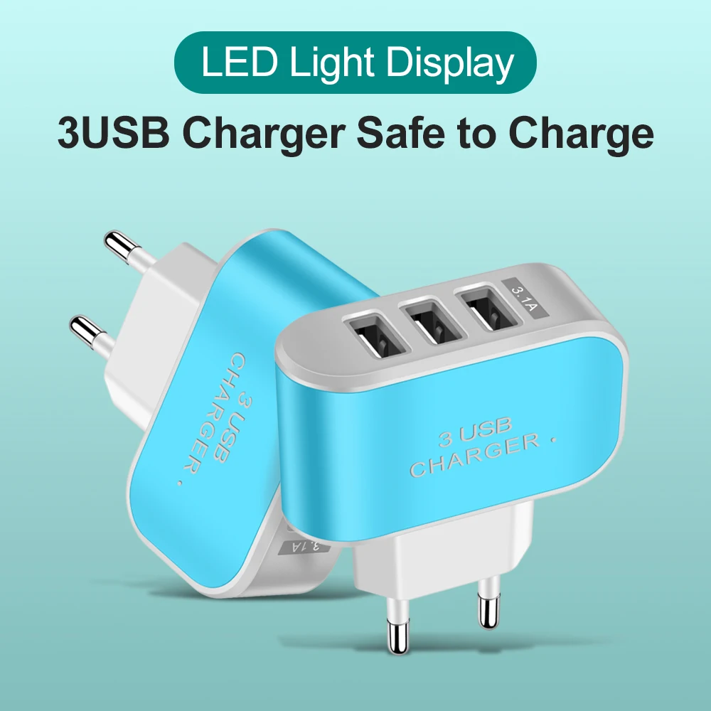 Candy Color 5V 1A US EU Plug 3usb 3 Ports USB Wall Home Charger Adapter For IPhone Samsung OPPO Charging Adapter With Indicator