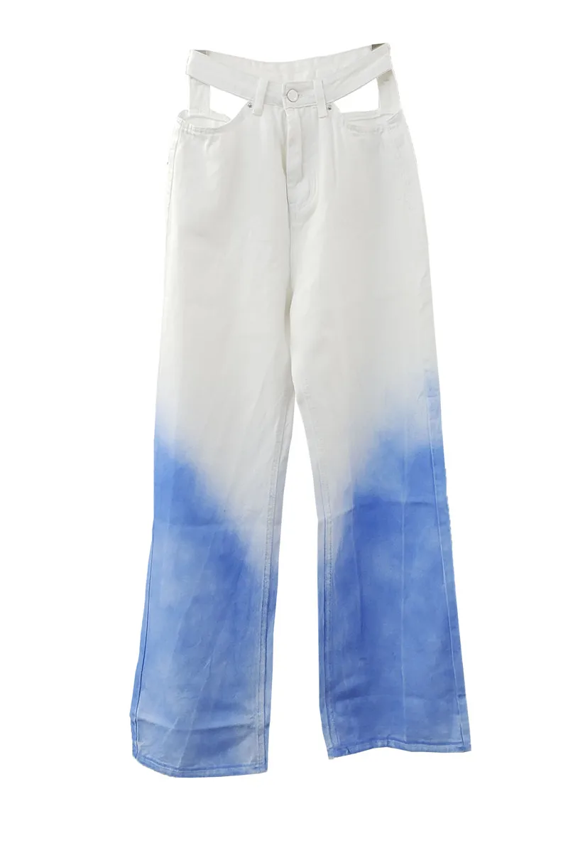 

2021 Summer Casual Cool High Waist Hollow Tie-Dye Panelled Long Denim Pants Women Wide Leg Loose Straight Trousers