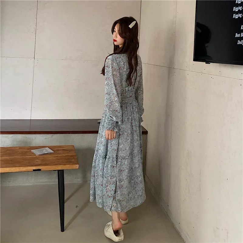 

Houthion Women Dresses Chiffon Long Dress New Long Sleeve Fashion Loose Plus Size Dresse A-LINE Casual Print Bohemia
