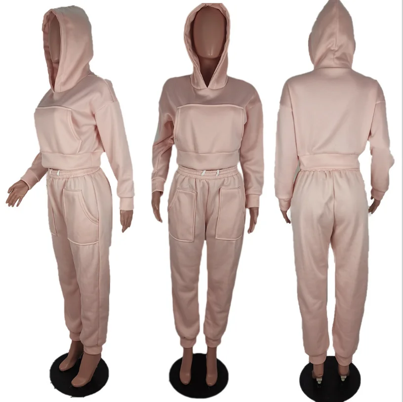 

2020 Winter Casual Lace-Up Women Sportwear Two Piece Sets Fashion Keep Warm Short Hoodies High Waist Loose Sweatpanst Outfits