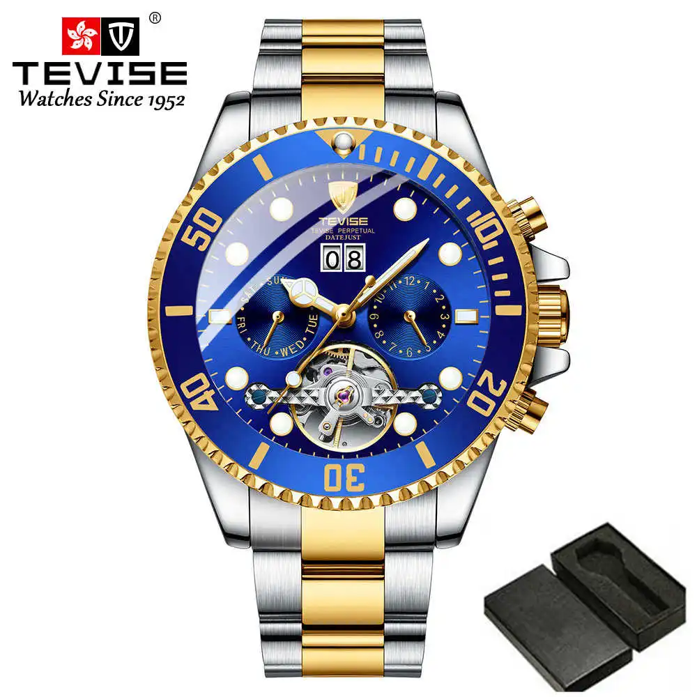 gold blue box TEVISE Топ люксовый бренд для мужчин нержавеющая сталь Скелет часы для мужчин водонепроницаемый автоматические механические наручные часы Relogio Masculino - Цвет: gold blue box