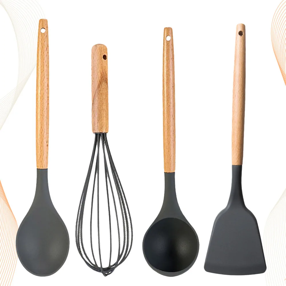

4pcs of One Set Non-stick Scoop Temperature Resistant Scoop Practical Soup Spoon Wooden Handle Shovel for Home Kitchen Cooking (