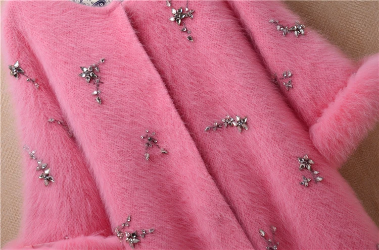 

Elegant women christmas winter long thicken beading mink cashmere long fur sleeves slim cardigans angora fur jacket coat sweater