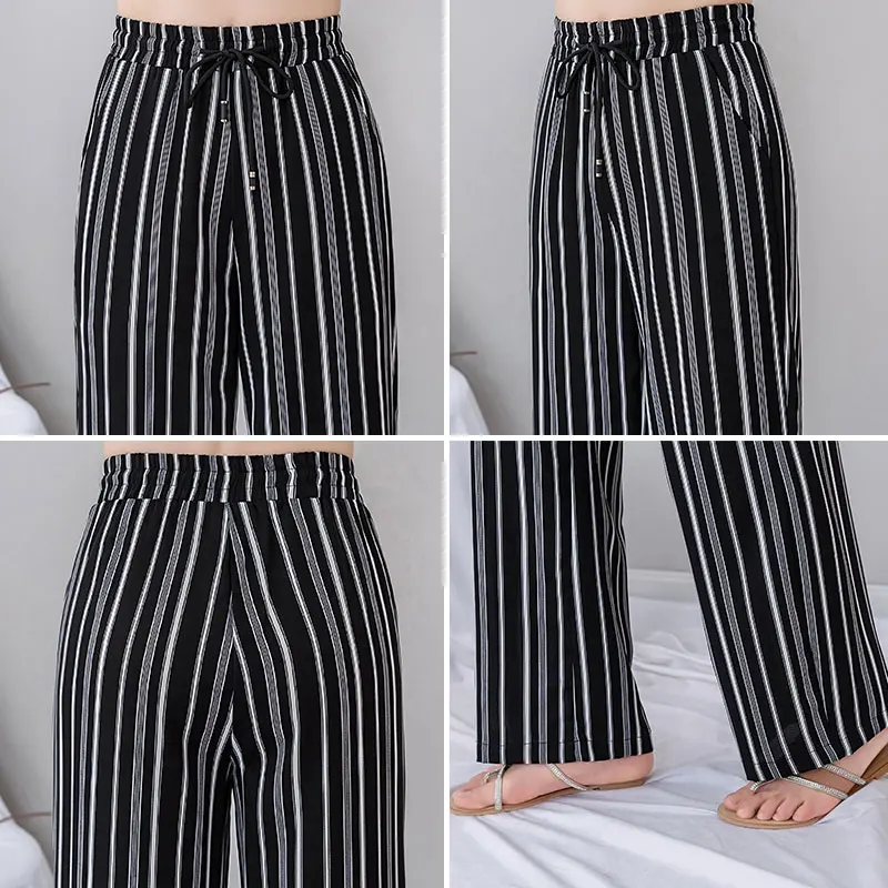 Черные Полосатые широкие брюки для женщин 2019 Летние шифоновые свободные белые