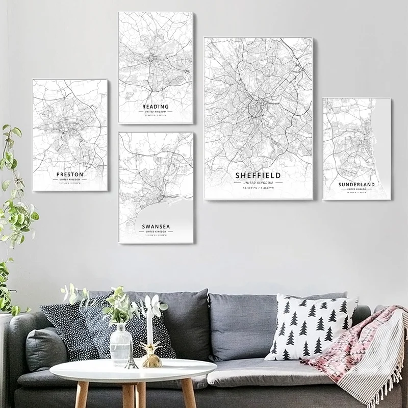 

Престон, чтение, Шеффилд, Sunderland,Swansea, Современная Карта города Великобритании, плакат на холсте, настенная печать, домашний декор