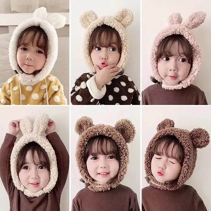Меховая шапка теплая детская зимняя с ушками медведя кролика для мальчиков и