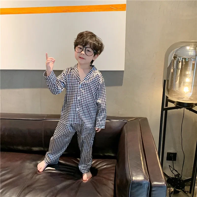 Клетчатая Пижама для маленьких девочек и мальчиков комплект одежды хлопковое