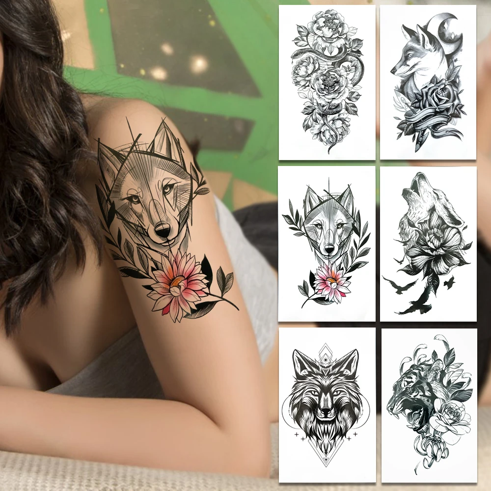 Временные татуировки с листьями волка для женщин и мужчин тигр змея Маргаритка