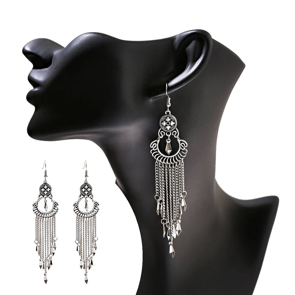 2019 женские этнические резные серьги в виде полумесяца с кисточками и цепочками