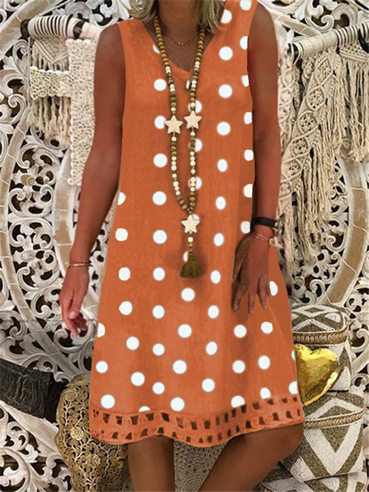 

Large size Women's Dresses Print Dot Sleeveless V-neck Dresses Boho Clothes Sundress Women Summer Casual Loose Dress Plus Size