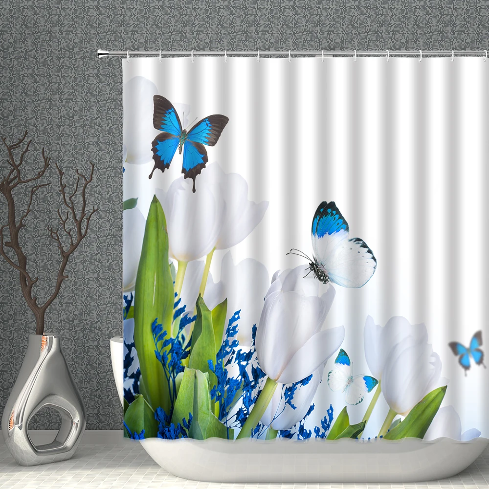 

White Tulip Pattern Shower Curtain Green Plant Butterfly Animal Bathroom Curtain Waterproof Polyester HomeBath Decor With Hook