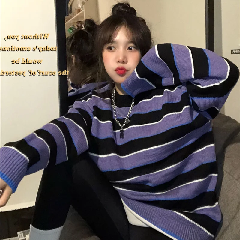 

Женские пуловеры оверсайз в полоску с круглым вырезом, модные вязаные свитера в стиле Харадзюку, универсальная Повседневная Уличная одежда...