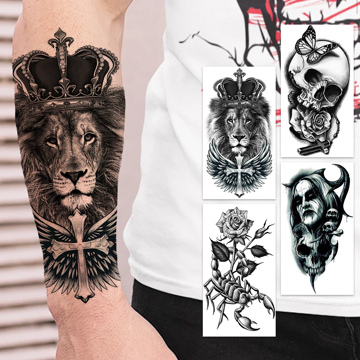 

Crown Lion Cross Temporary Tattoos For Men Adults Skull Vampire Scorpion Flower Scary Fake Tattoo Sticker Forearm Body Tatoos 3D