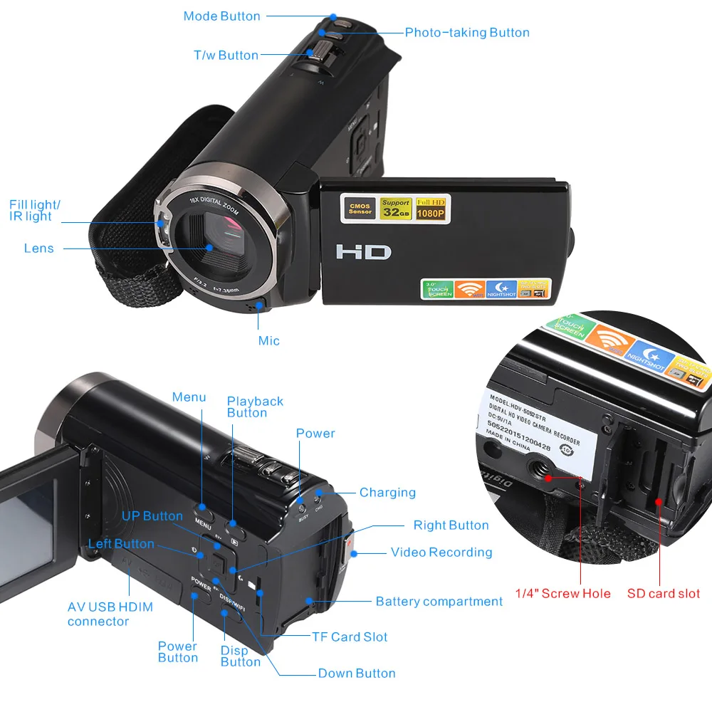 3," TFT lcd сенсорный экран видео камера видеокамера 1080P Full HD 20MP 16X зум Цифровая видеокамера рекордер DVR видеокамера
