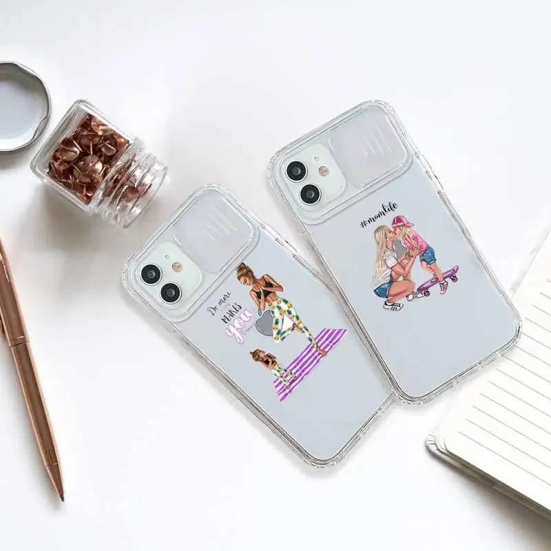 

Mom and baby Phone Case transparent For iPhone 7 8 11 12 X XS XR MINI Pro Max Plus Slide Camera Lens Protect