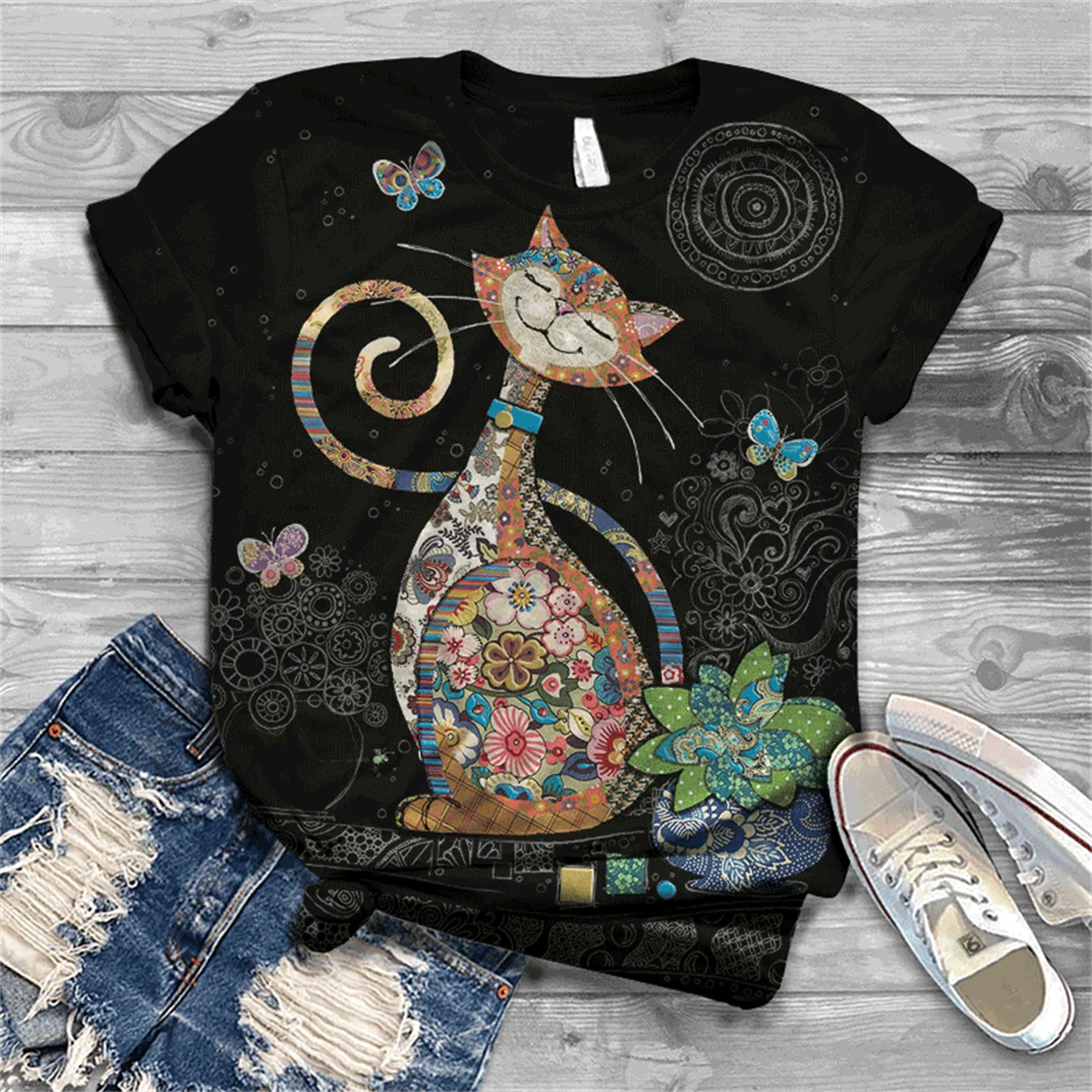 Cute and lovely cat Cotton T-shirt women's 2021 summer short-sleeved Harajuku T-shirt top ladies animal T-shirt