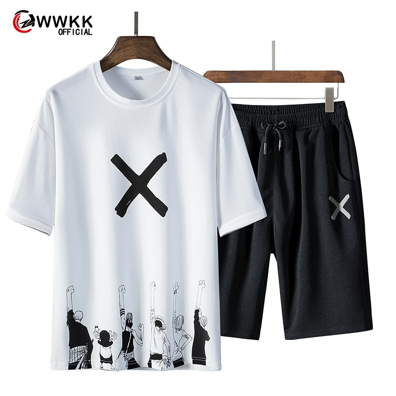 Костюм мужской летний из футболки и шортов Модный комплект для фитнеса с