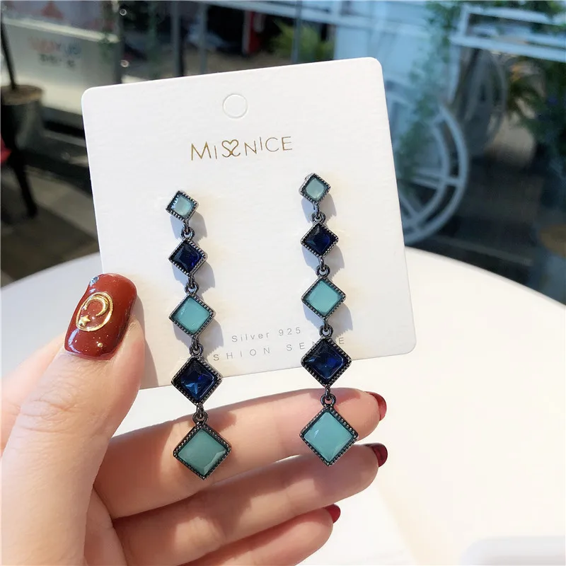 Простые женские серьги в стиле ретро имитация синих драгоценных камней длинные