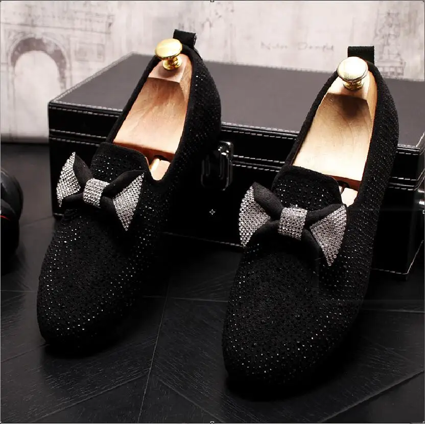 Men Shoes Bowknot loafers Black Diamond Rhinestones Spikes men shoes Rivets Casual Flats sneakers wholesale | Обувь