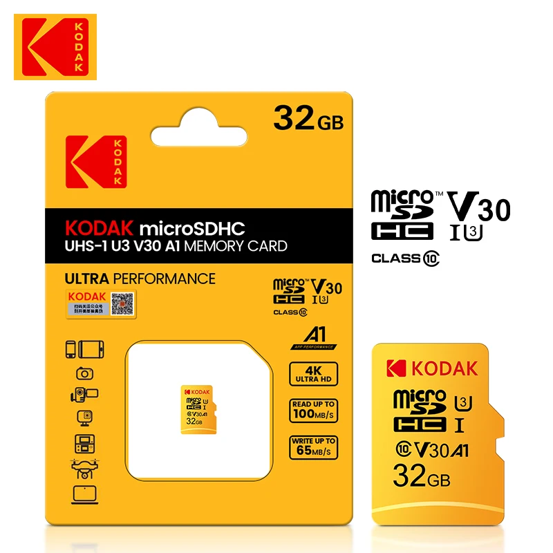 Карта памяти Kodak Micro SD 128 ГБ класс 10 карта 64 Гб Microsd флеш-накопитель 256 32 V30 U3 для