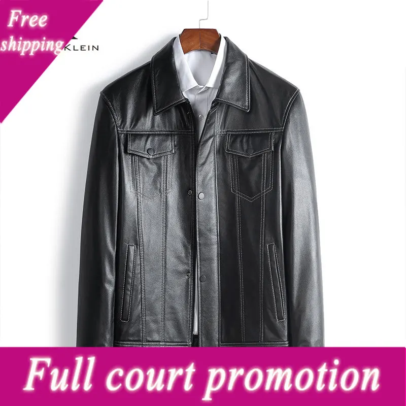 

Мужская кожаная куртка с карманами, повседневная короткая черная куртка из натуральной коровьей кожи, осень 602
