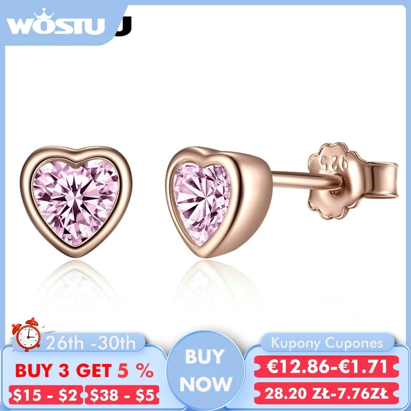 Женские серьги пусеты WOSTU из серебра 925 пробы с розовым золотом и сердечком