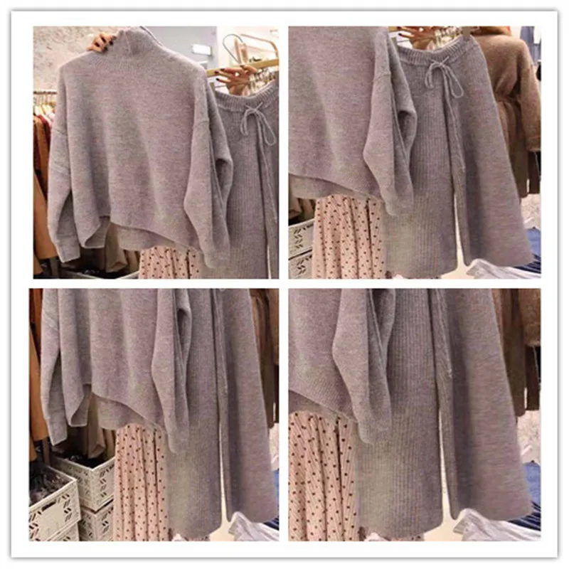 autumn winter turtleneck sweater and pullovers warm knitted 2 piece set elastic waist knit ants suit tracksuit loose | Женская одежда