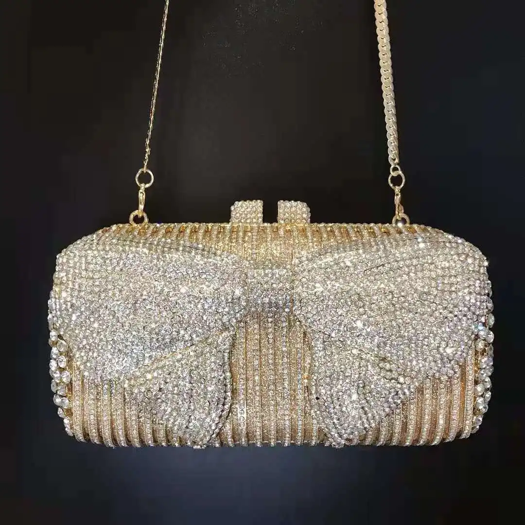 

XIYUAN Gold Bow Crystal Evening Clutch Bags Luxury Ladies Diamond Rhinestone Party Prom Handbags Women Wedding Small Phone Bags