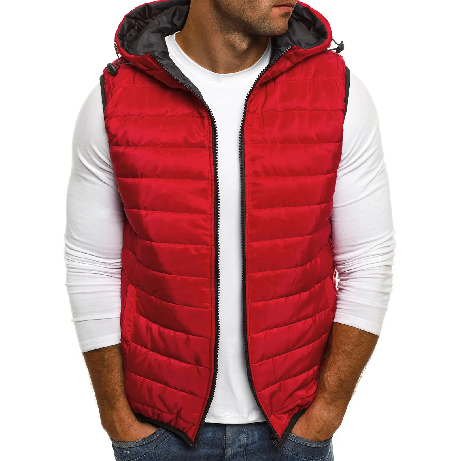 

Mens Fashion Solid Hooded Vest Male Warm Cotton Parkas Zipper Clothes Teens Outerwear Streetwear XXL