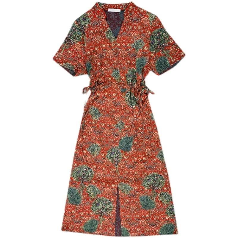 

Women Elegant Casual Red Print Boho Beach Midi Dress 2021 Summer Vintage L- 4XL Plus Size Short Sleeve Dress Party Vestidos