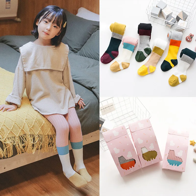 Autumn and winter new double needle children's pantyhose color matching knit girls Korean students dance tight