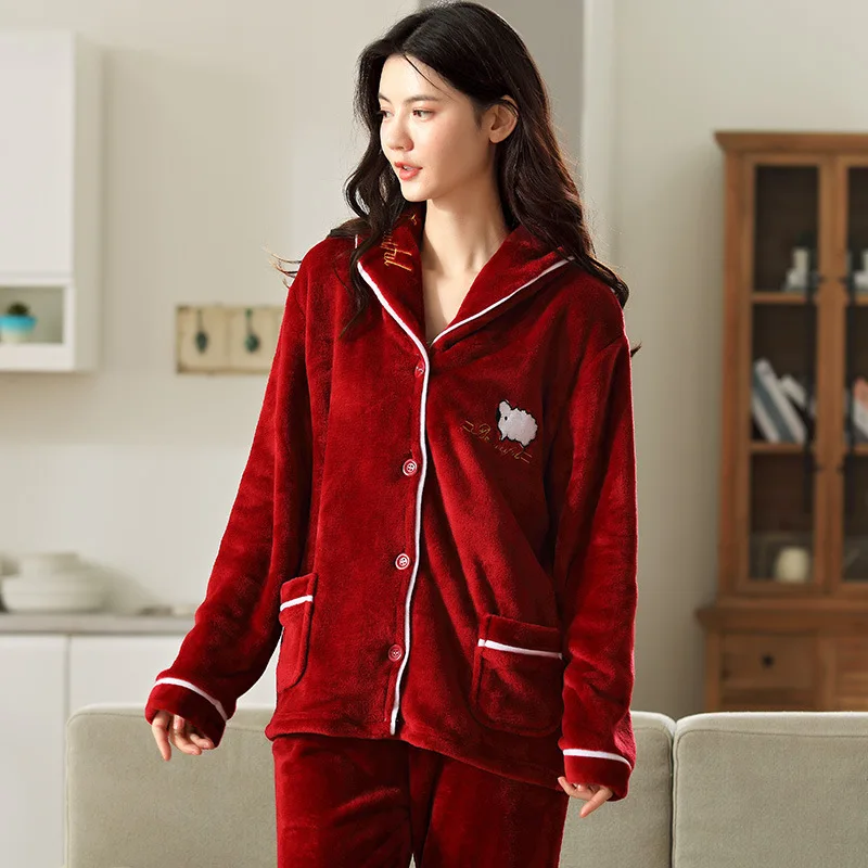 Pajamas Woman Winter Embroidered Pajamas Home Wear Long-sleeved Trousers Suit Home Clothes for Women Chemise De Nuit Femme