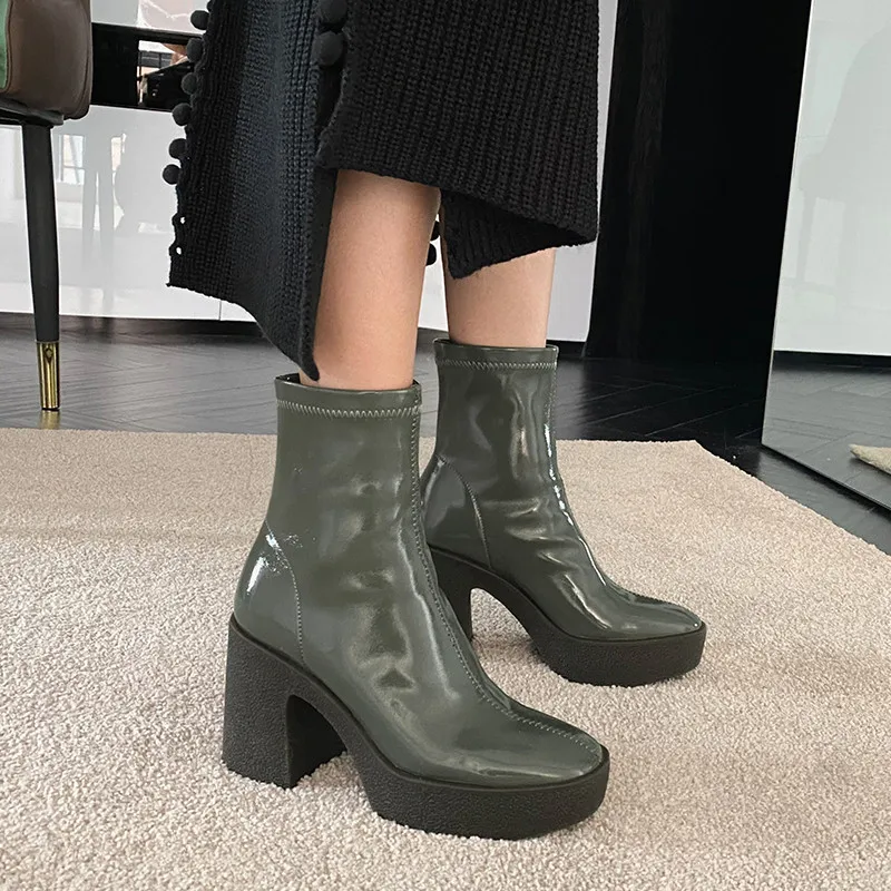 

ASUMER 2020 hot sale Web Celebrity platform boots women patent leather top quality casual party shoes Elastic ankle boots women