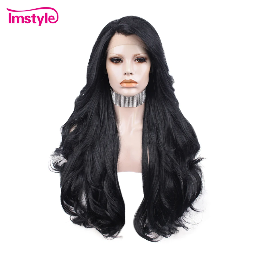 Imstyle Black Wig Long Synthetic Hair Wig For Women Natural Wavy Heat Resistant Fiber Lace Front Wig Glueless Soft Cosplay Wigs
