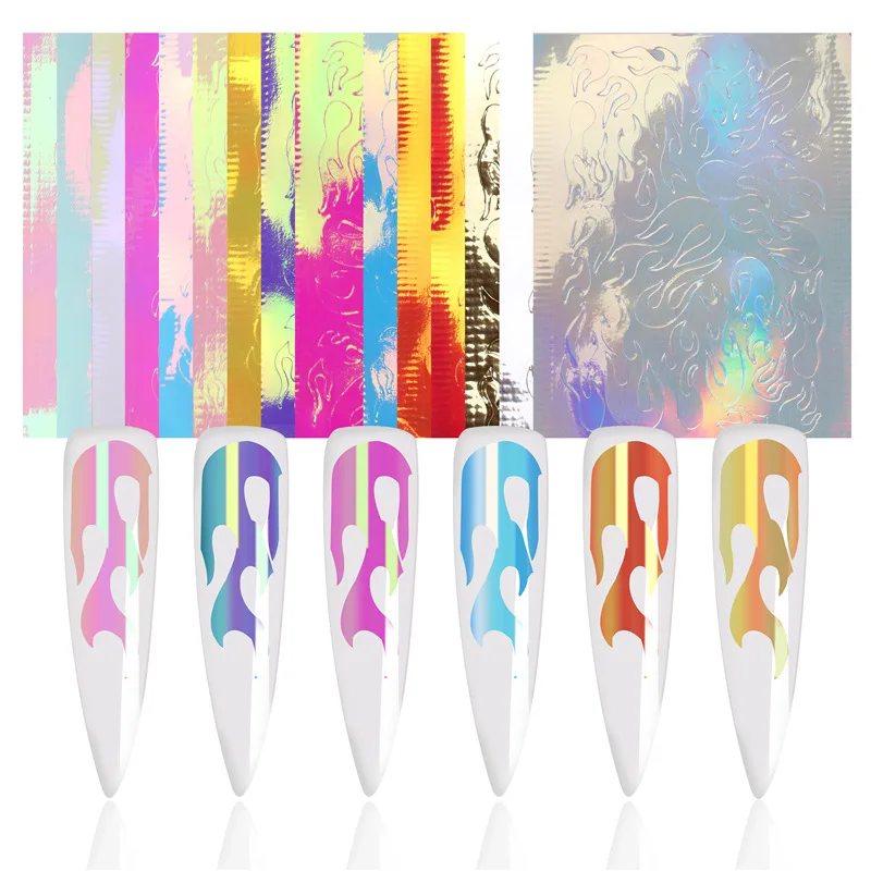 

2021 New Nail Art Flame Sticker 16 Color Set Laser Symphony Flame Nail Sticker Leaf Nail Decoration Sticker with Adhesive