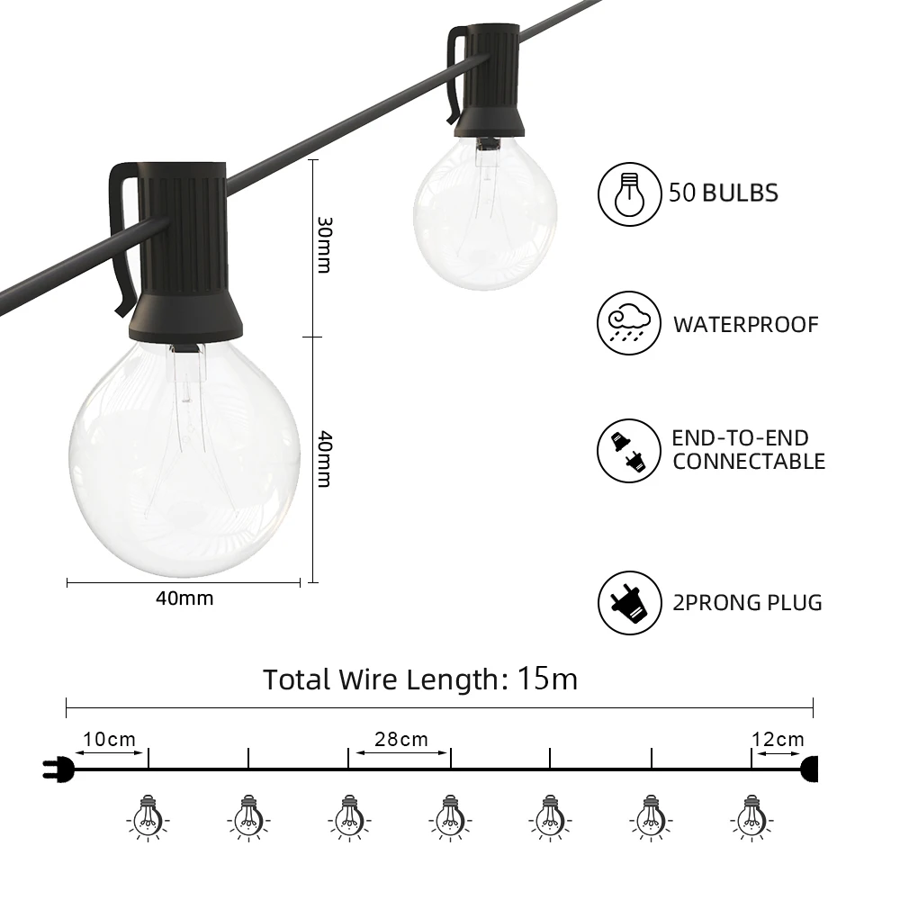 Гирлянда с 50 прозрачными шариками винтажная лампочка круглыми лампочками футов