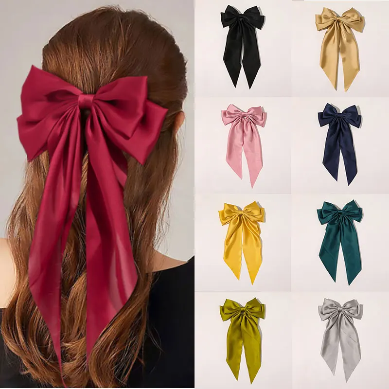 

Two-layers Oversize Bows Hair Clip Silk Satin Bowknot Ribbon Hairpins Barrettes Women Solid Color Ponytail Clip Hair Accessories