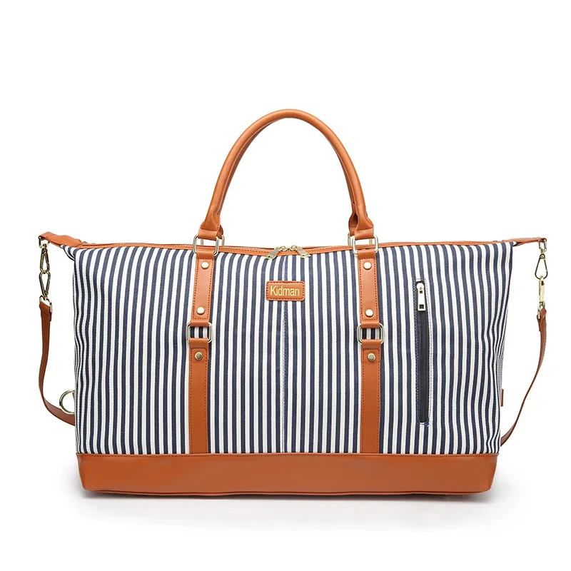 Women's Canvas Striped Waterproof Travel Storage Bags Sports Fitness Short Trip Large-capacity Handbag Luggage Packs Cross Body