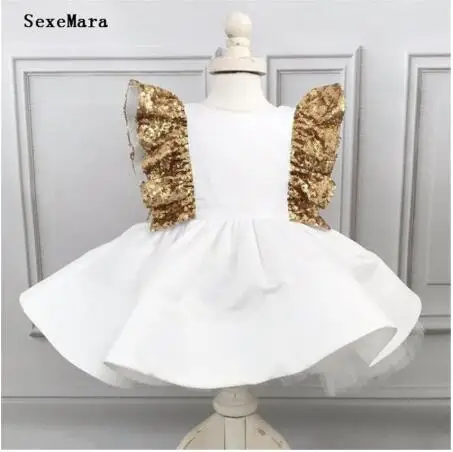 Новое Белое Атласное платье для маленьких девочек с золотистыми блестками и