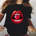 Женская Черная футболка с принтом Красного рта и губ, летняя забавная футболка с леопардовым принтом, женская футболка в стиле Харадзюку, Прямая поставка