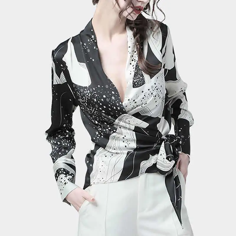 

Women's Shirt Long Sleeve Color Cross V-Neck Temperament chiffon shirt