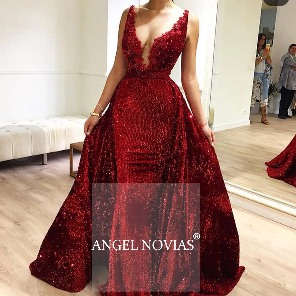 Женское длинное платье-Русалка ANGEL NOVIAS Бордовое платье с блестками арабское