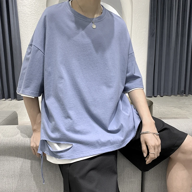 

Men's couple t-fashion brand ins T-shirt loose youth homestay BF broken hole abstinence summer T-shirt short sleeve