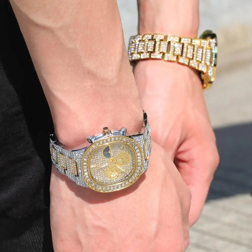 

Uwin Men's Watch Gold Color Big Dial Military Quartz Clock Luxury Rhinestone CZ Waterproof Wrist Watches for Drop Shipping
